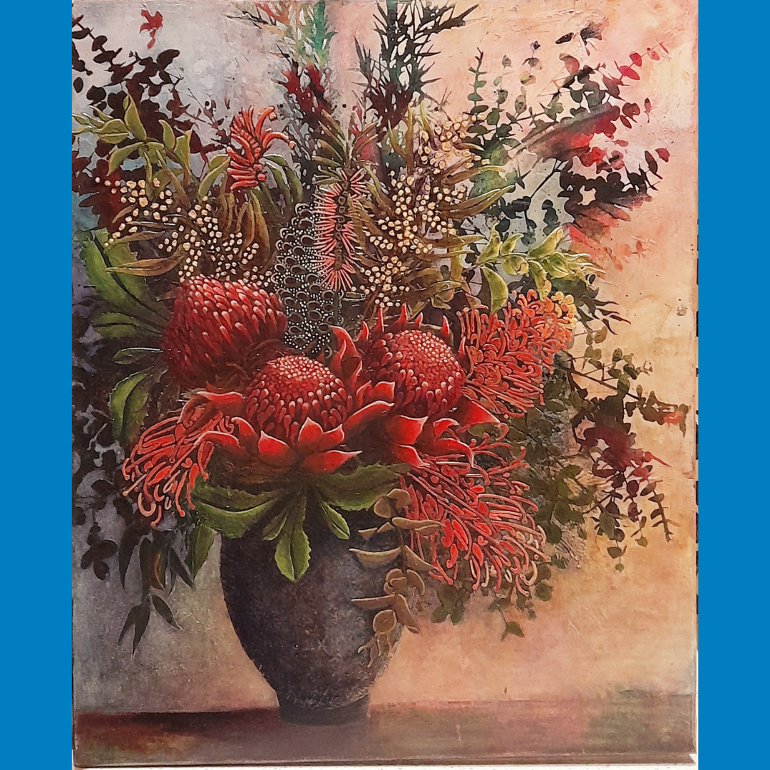 Vibrant red and green floral bouquet in a dark vase against a warm peach background