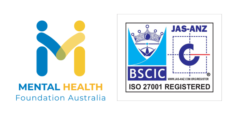 Mental Health Foundation Australia logo beside BSCI ISO 27001 registered certification logos