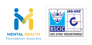 Mental Health Foundation Australia logo beside BSCI ISO 27001 registered certification logos
