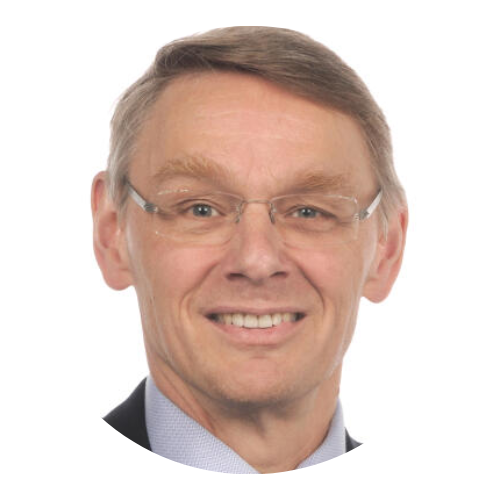 Portrait of a smiling person wearing glasses and a suit against a white background