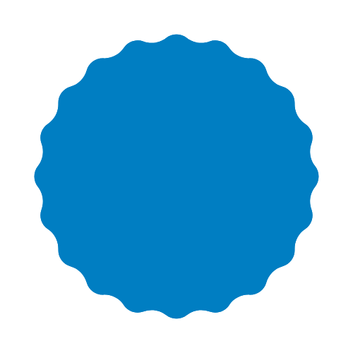Blue scalloped circular badge on a white background