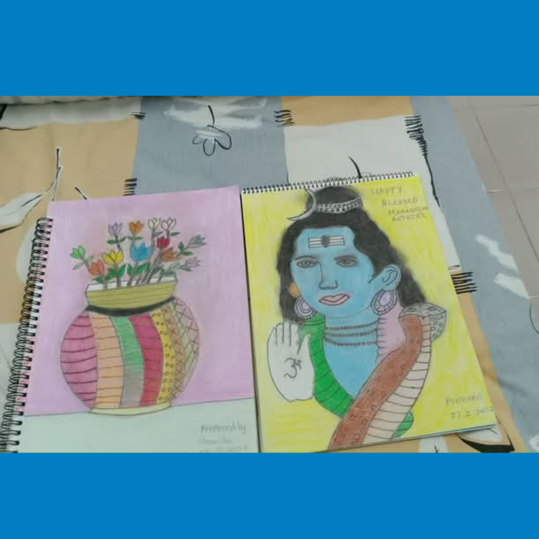 Two colorful hand-drawn portraits on sketchbook pages, one of a vase of flowers and one of a blue-faced figure.