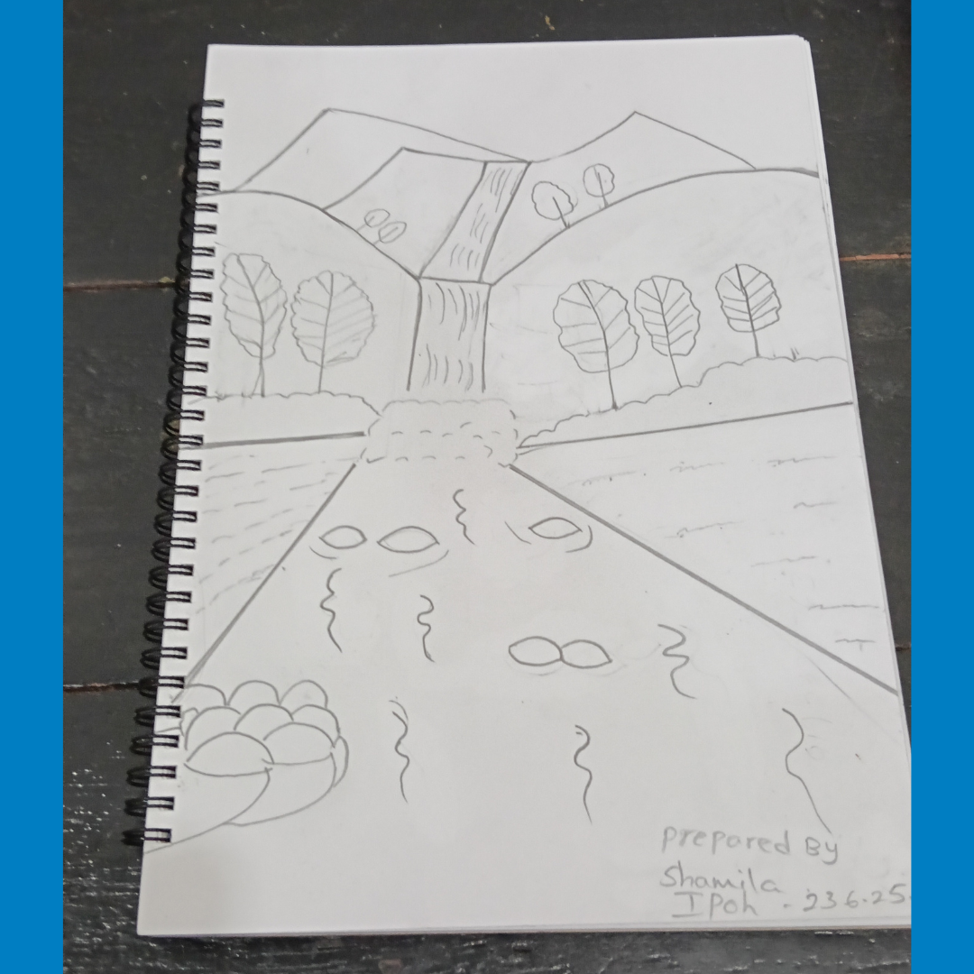 Pencil sketch of a countryside road leading to houses and trees on a notebook page
