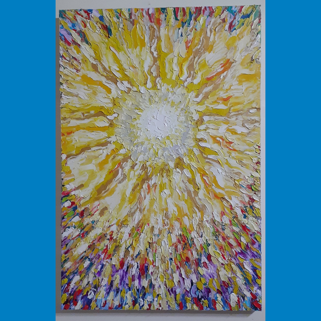 Abstract painting with a bright white center, golden rays, and purple accents on a blue background