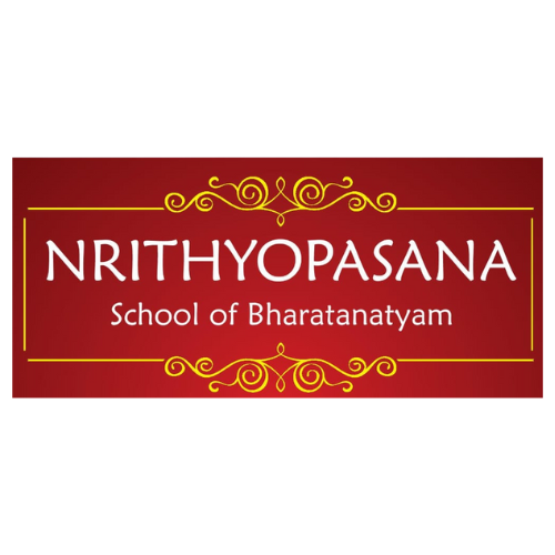 Nrithyopasana School of Bharatanatyam logo on a maroon background with gold decorative accents