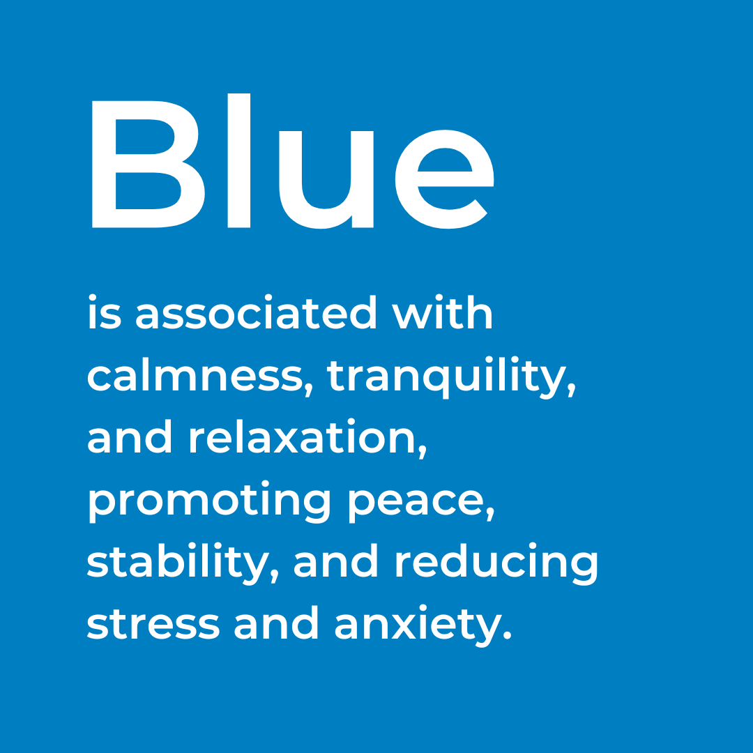 Blue text describing calmness, tranquility, relaxation, peace, stability, and reduced stress on a blue background