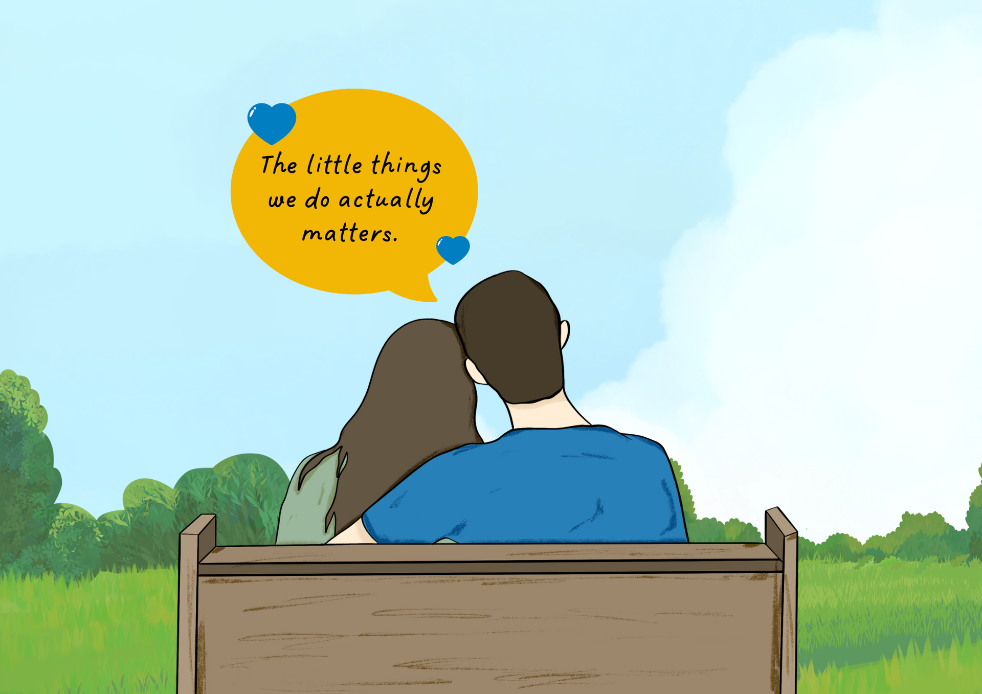 Couple sitting on a bench under a yellow thought bubble about The Little Prince in a sunny park