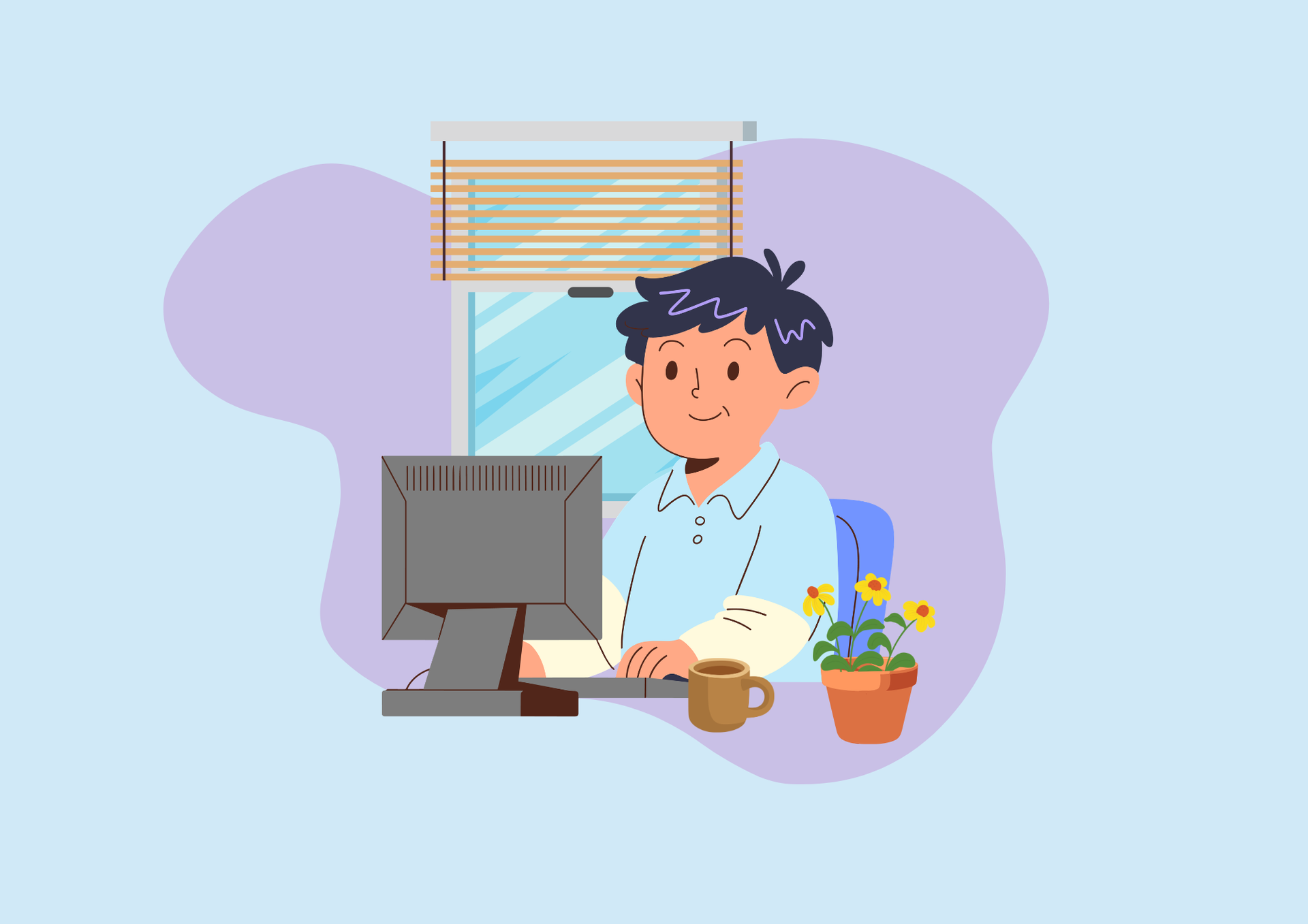 Person working at a desk on a computer, with a coffee mug and potted plant nearby.