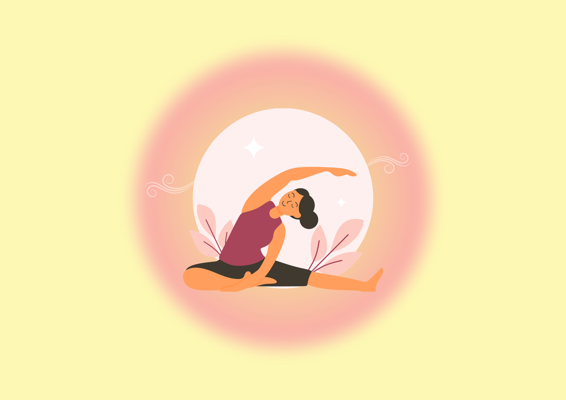Person sitting in a serene yoga pose inside a glowing pink circle on a pale yellow background