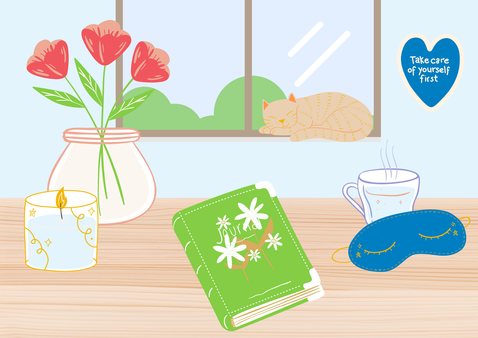 Desk with a vase of red flowers, green notebook, teacup, sleeping cat by the window, and blue heart note.