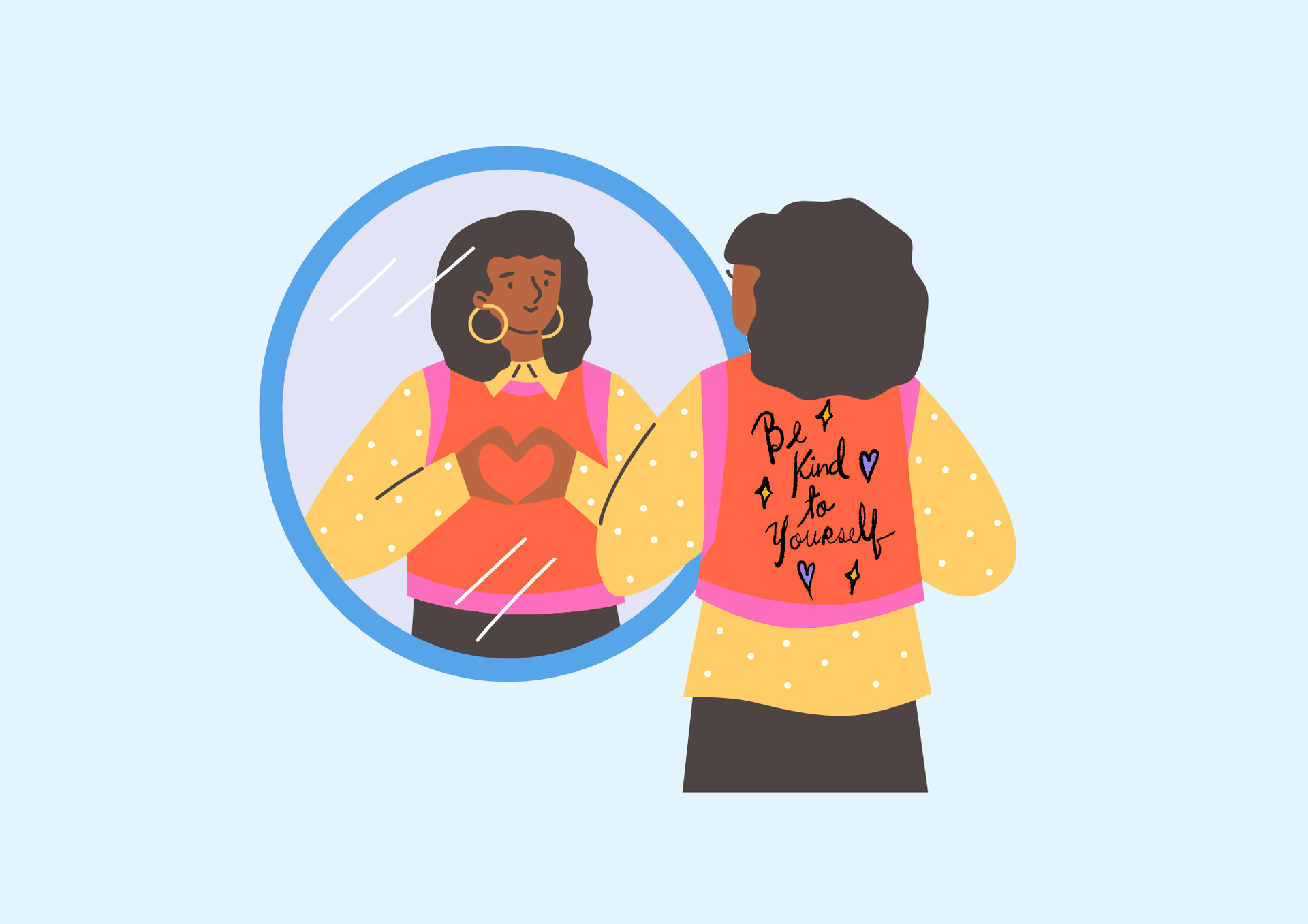 Woman checking her reflection in a round mirror, wearing a pink shirt and yellow cardigan.