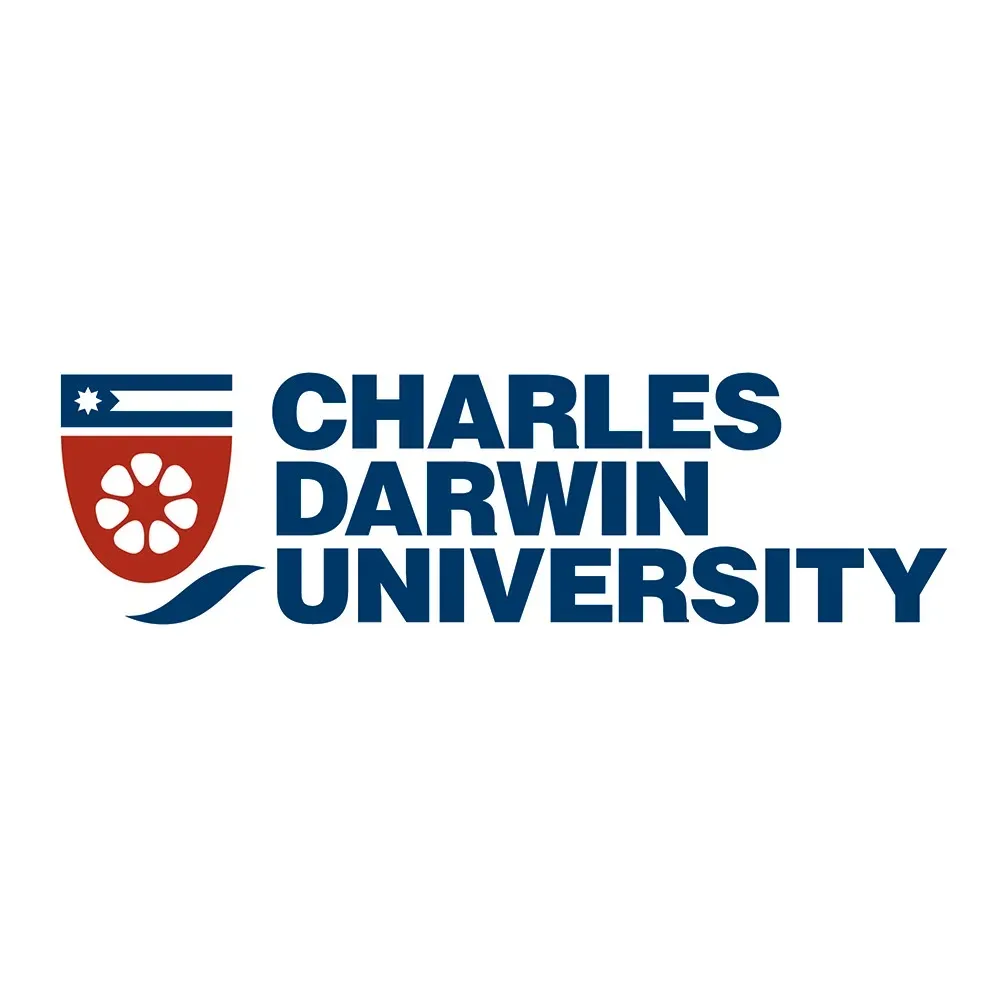 Charles Darwin University logo in blue and red with shield emblem and white flower icon