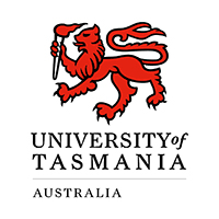 University of Tasmania logo with red heraldic lion and black text, Australia