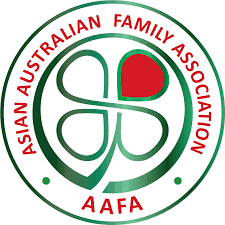 Logo for Asian Australian Family Association (AAFA), with green and red circular clover design and text around the edge