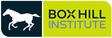 Box Hill Institute logo with white horse on blue and yellow background