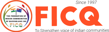 FICQ logo with orange text and circular emblem, plus the tagline “To Strengthen voice of Indian communities”
