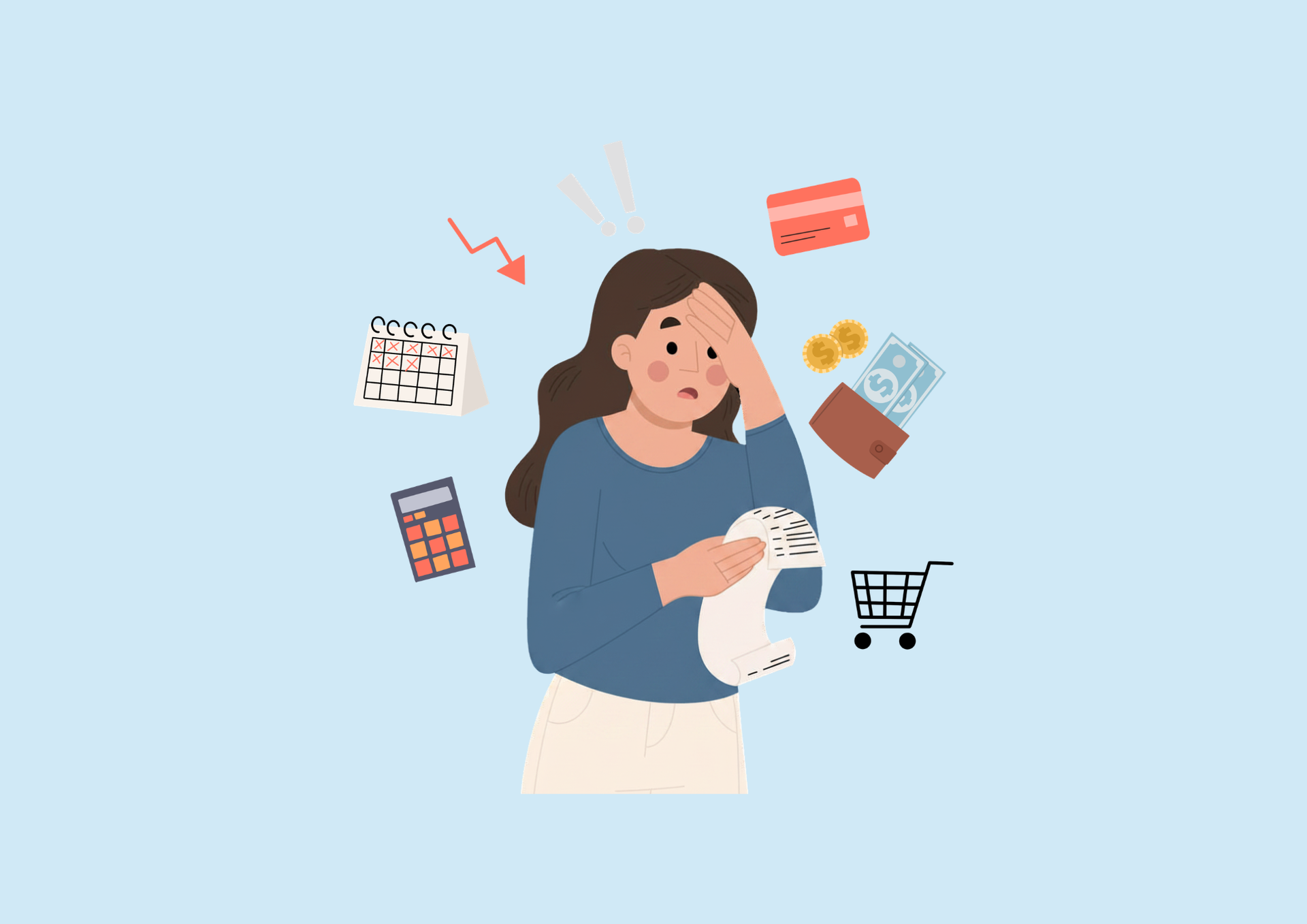 Woman using a credit card on a light blue background with shopping and payment icons around her