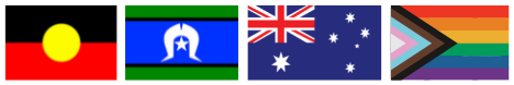 Four flags side by side: Aboriginal, Torres Strait Islander, Australian, and Pride Progress flags.