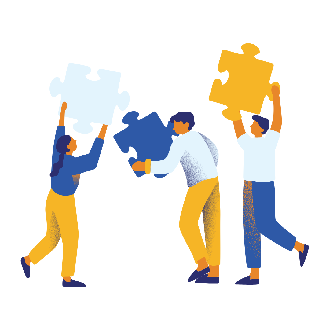 Three people assembling colorful puzzle pieces in a teamwork illustration