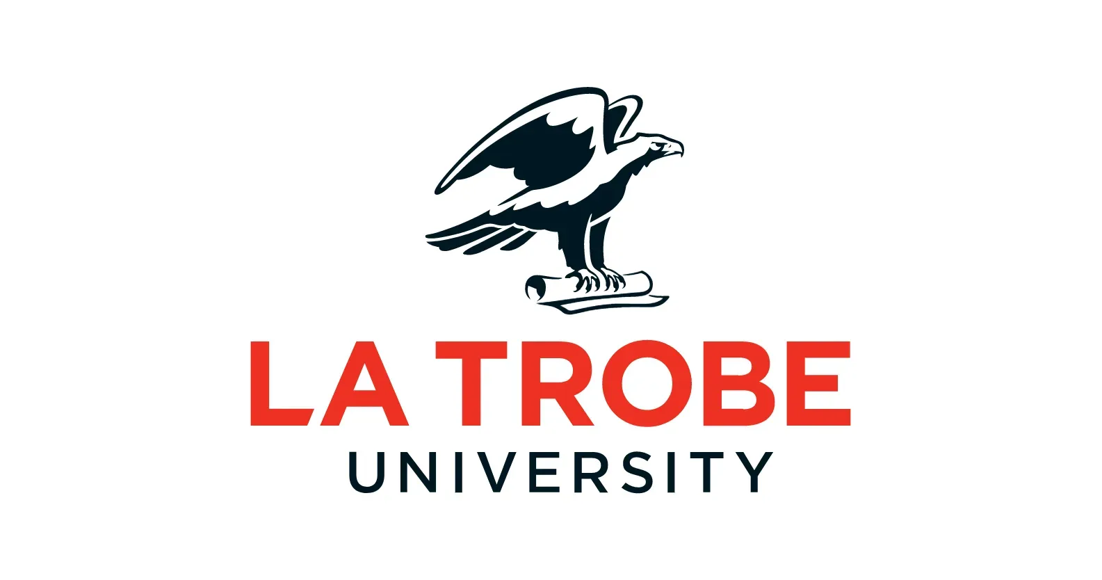 La Trobe University logo with black bird icon and red and black text on white background