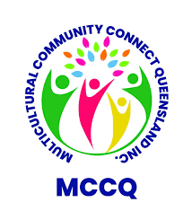 Multicultural Community Connect Queensland logo with colorful figures and blue circular text, MCCQ below