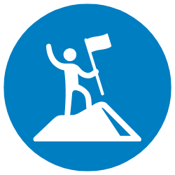 White hiker with flag on mountain inside a blue circular sign