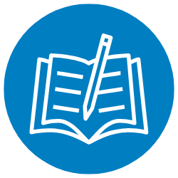 Blue circle with white outline of an open book and pen, suggesting writing or education
