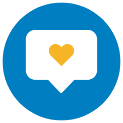Blue circle with white chat bubble and yellow heart icon in the center