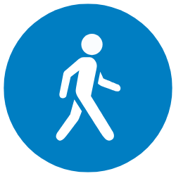 Blue pedestrian sign with a white walking figure inside a circle