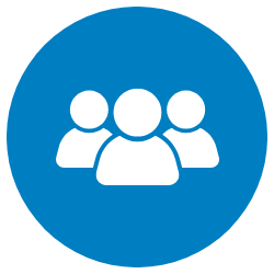 White group of three people icons inside a blue circle
