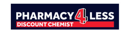 PHARMACY 4 LESS logo on a navy and red banner with “DISCOUNT CHEMIST” text