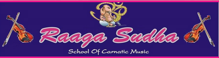 Purple banner for Raaga Sudha School of Carnatic Music with violin graphics and a musical deity illustration