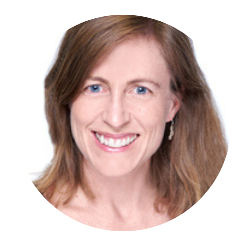 Smiling woman with shoulder-length brown hair on a white background