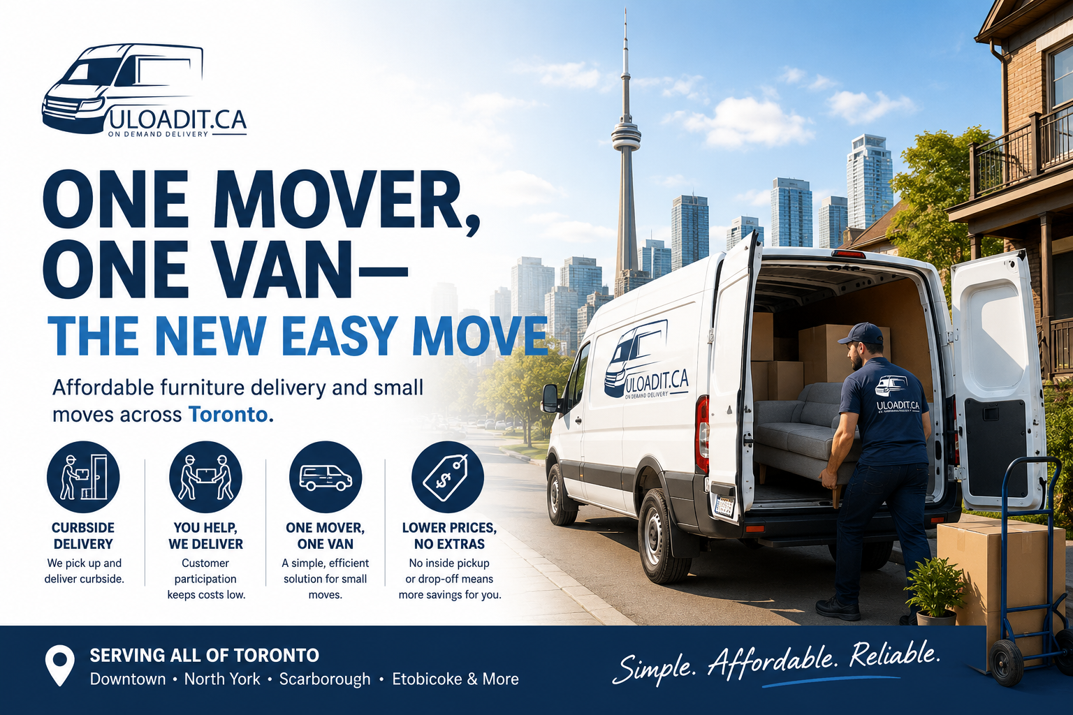 Delivery van branded ULoadit.ca and worker beside city skyline ad