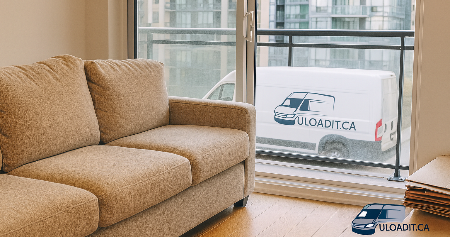 Beige sofa indoors with ULoadit.ca van visible outside a condo window, logo bottom right.