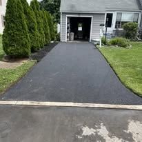 Black asphalt driveway leading to a house with an open garage, bordered by green shrubs and lawn.
