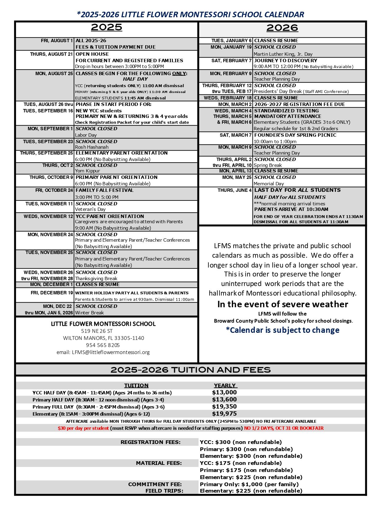 Calendar | Little Flower Montessori School | Wilton Manors, Florida