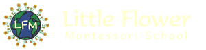 The logo for little flower montessori school shows a globe surrounded by flowers.