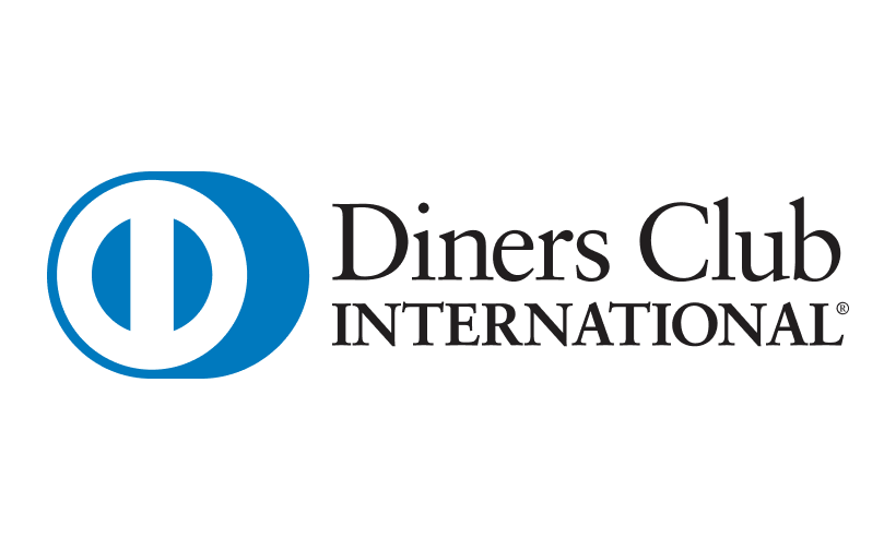 O logotipo azul e branco do Diners Club International apresenta um emblema circular estilizado ao lado do nome da marca.