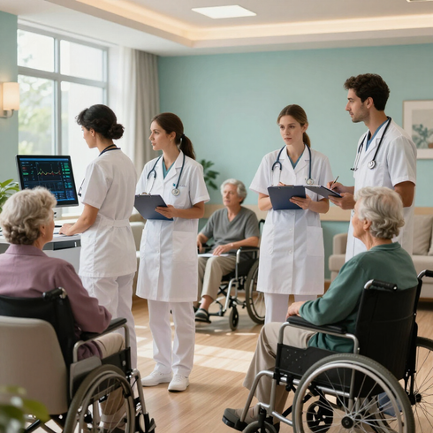 Personal sanitario con batas blancas consulta con pacientes ancianos