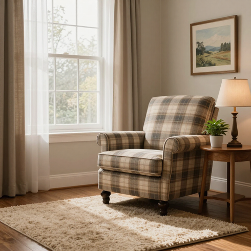 Un sillón a cuadros junto a una ventana en una acogedora sala de estar