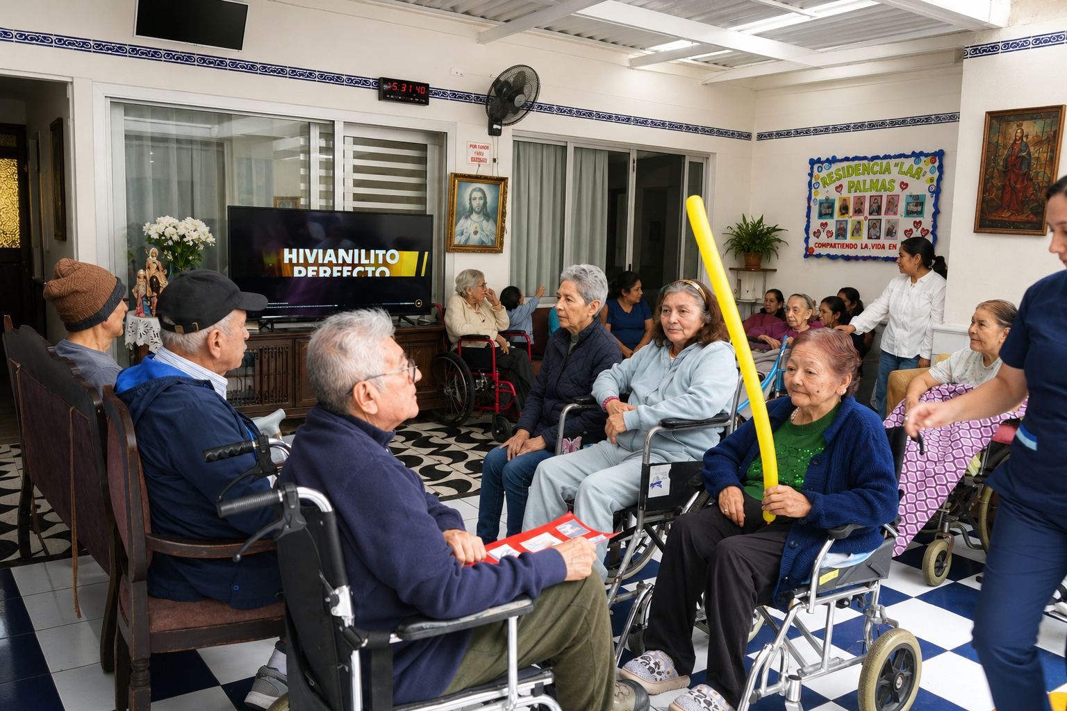 Grupo de personas sentadas en una sala de estar, charlando durante una reunión con un televisor y fotos enmarcadas al fondo.