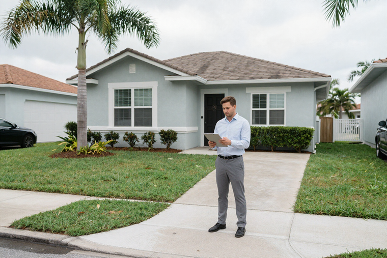 Property manager reviewing clipboard outside a rental home