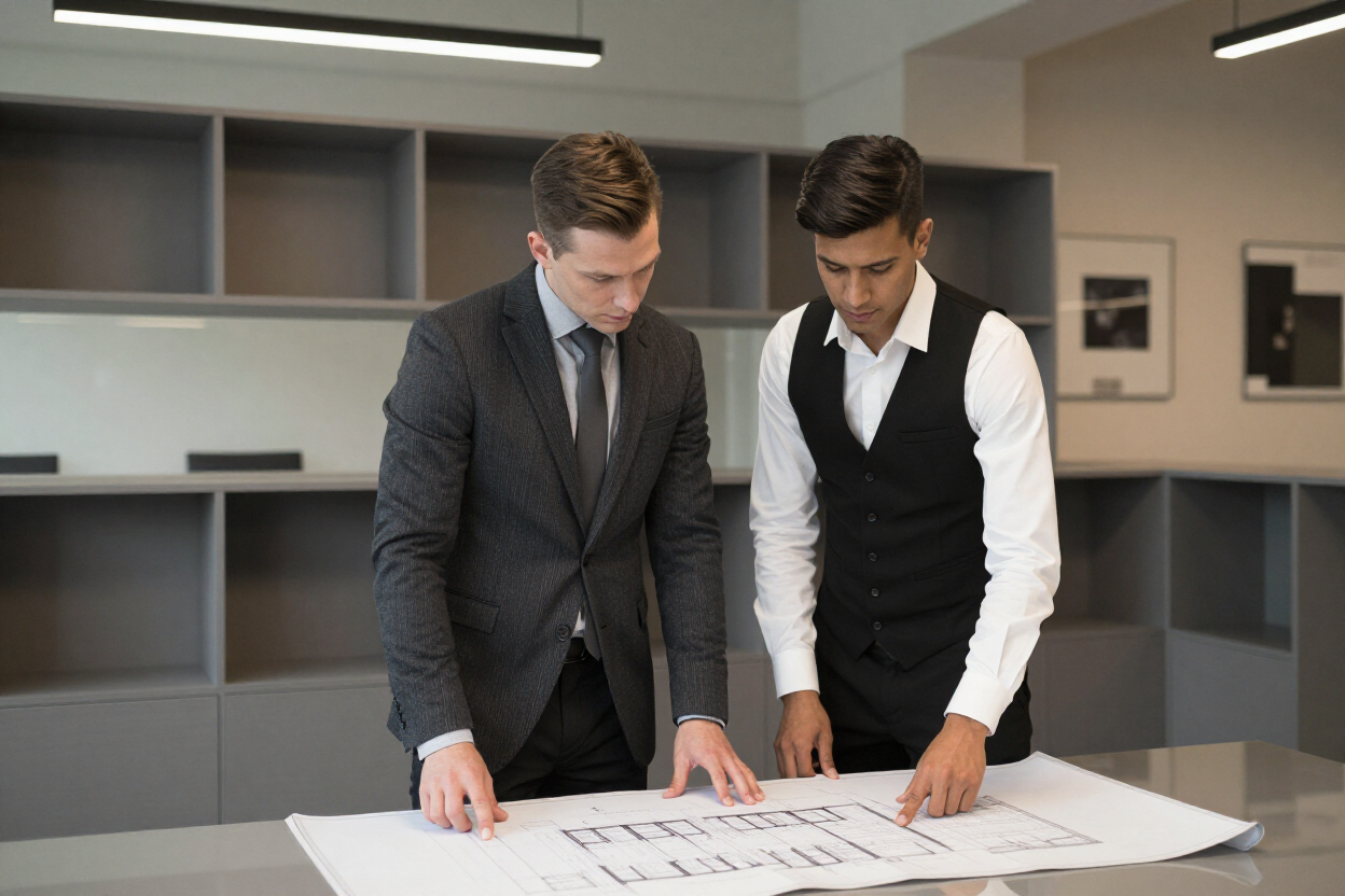 Veterans reviewing documents in a professional office setting