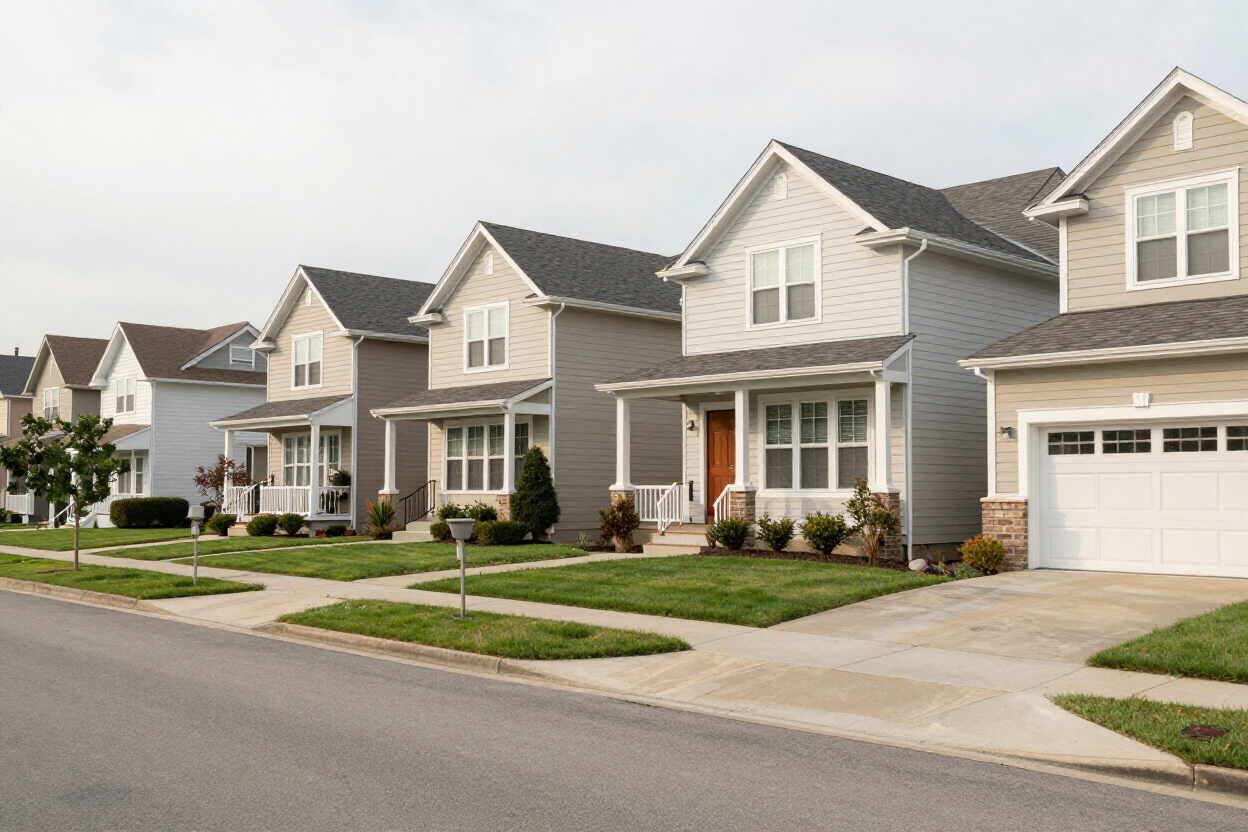 Residential street with freshly renovated homes and neat lawns