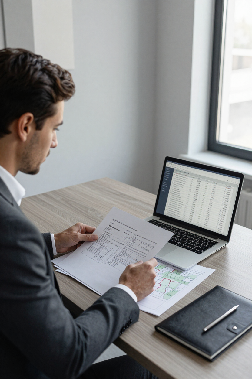 Real estate professional reviewing property documents and maps