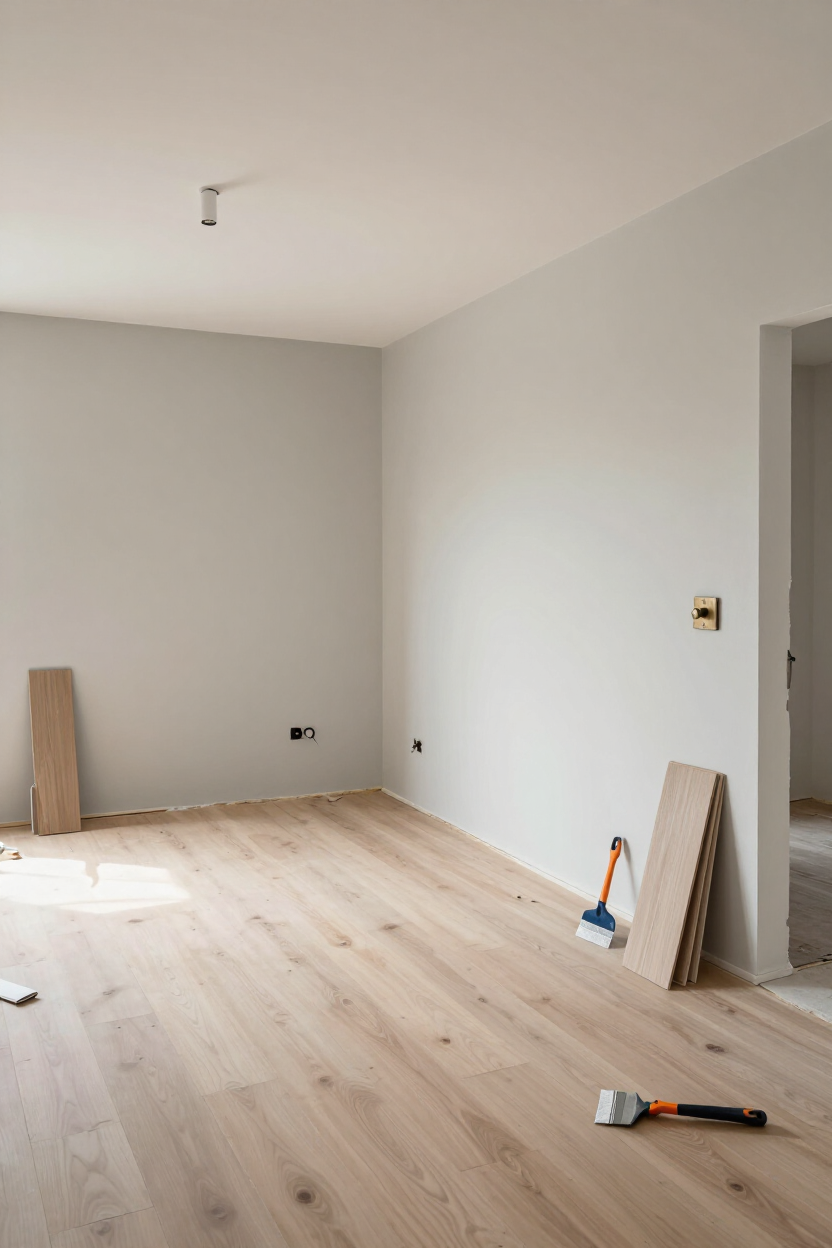 Residential renovation in progress showing fresh paint and new flooring