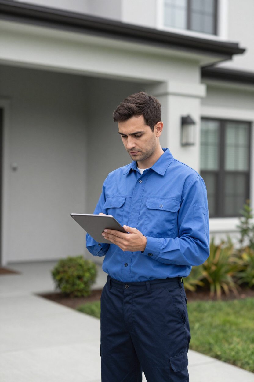 Maintenance professional reviewing checklist at a residential property