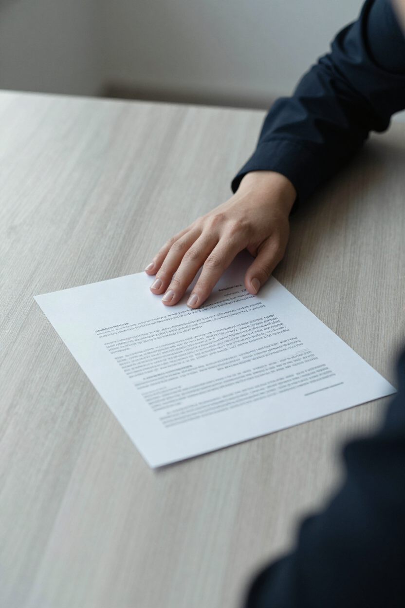 Hand resting on a lease document at a professional desk