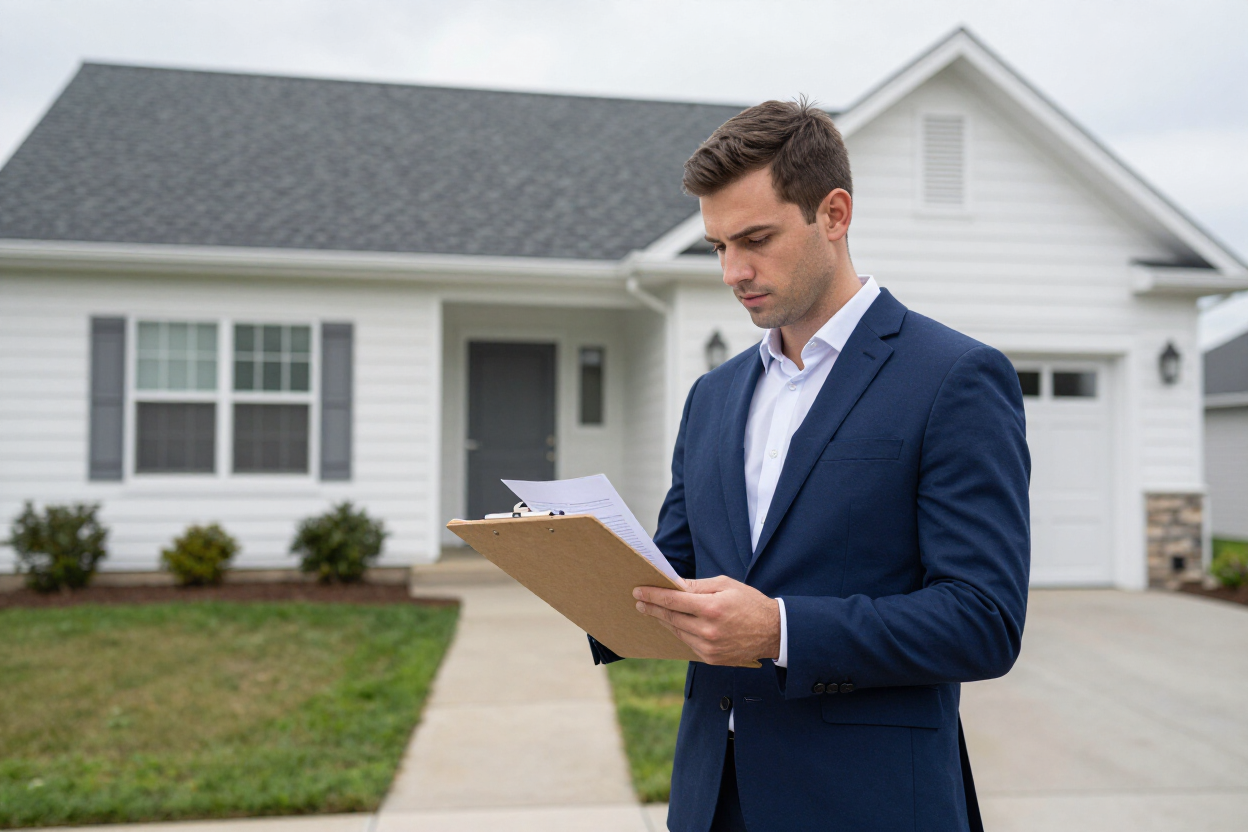Property manager reviewing documents outside home